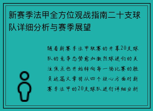新赛季法甲全方位观战指南二十支球队详细分析与赛季展望