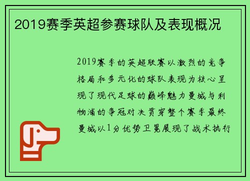 2019赛季英超参赛球队及表现概况